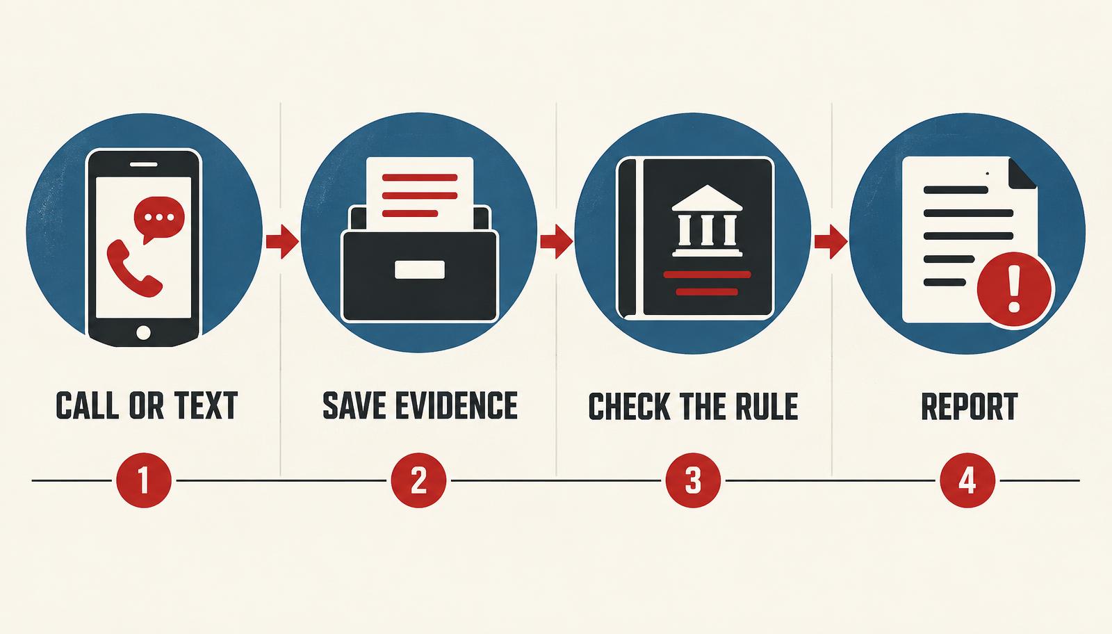 Four-step infographic: call or text, save evidence, check the rule, report